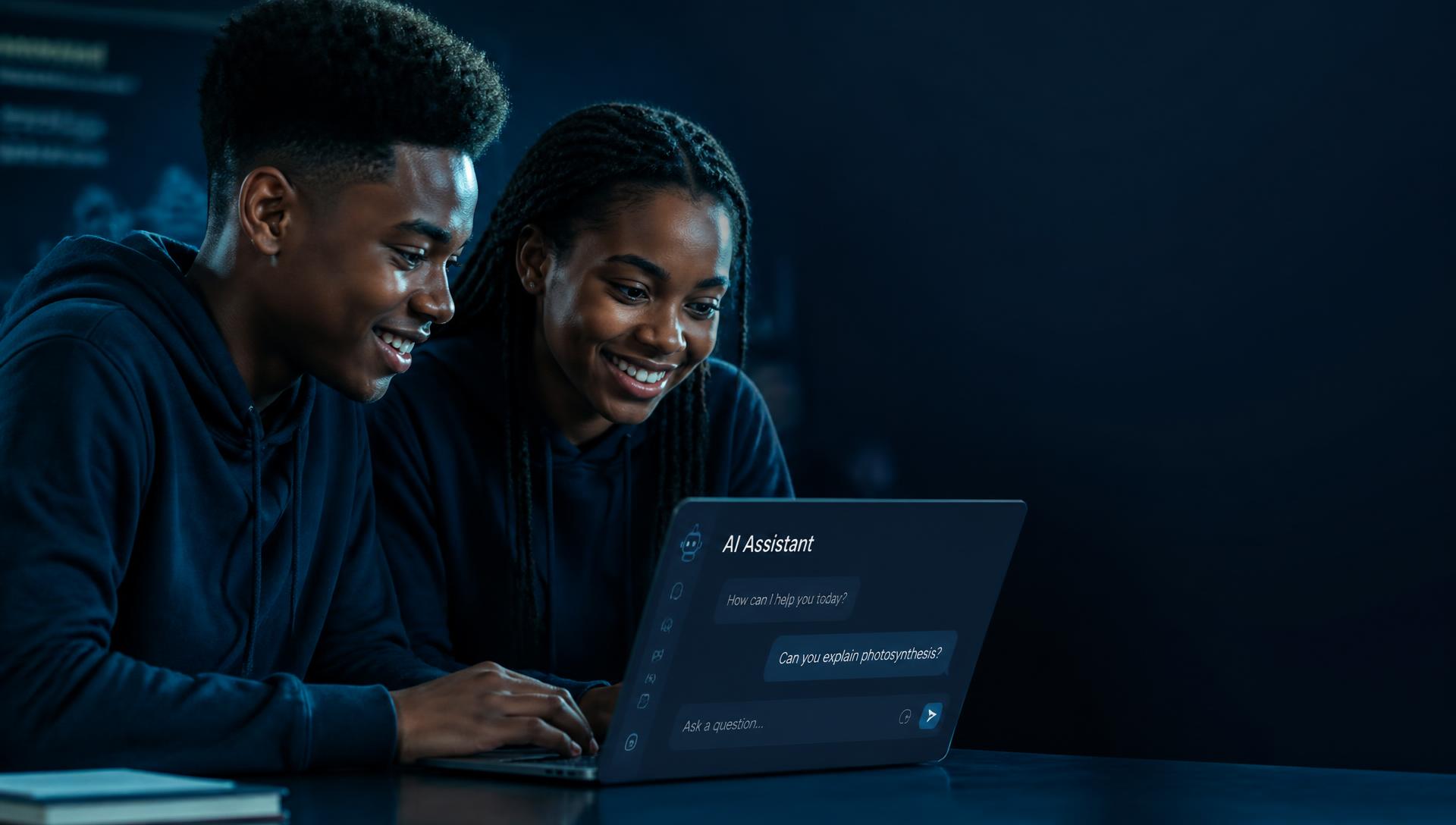 Two Liberian students learning to use an AI chat assistant on a laptop